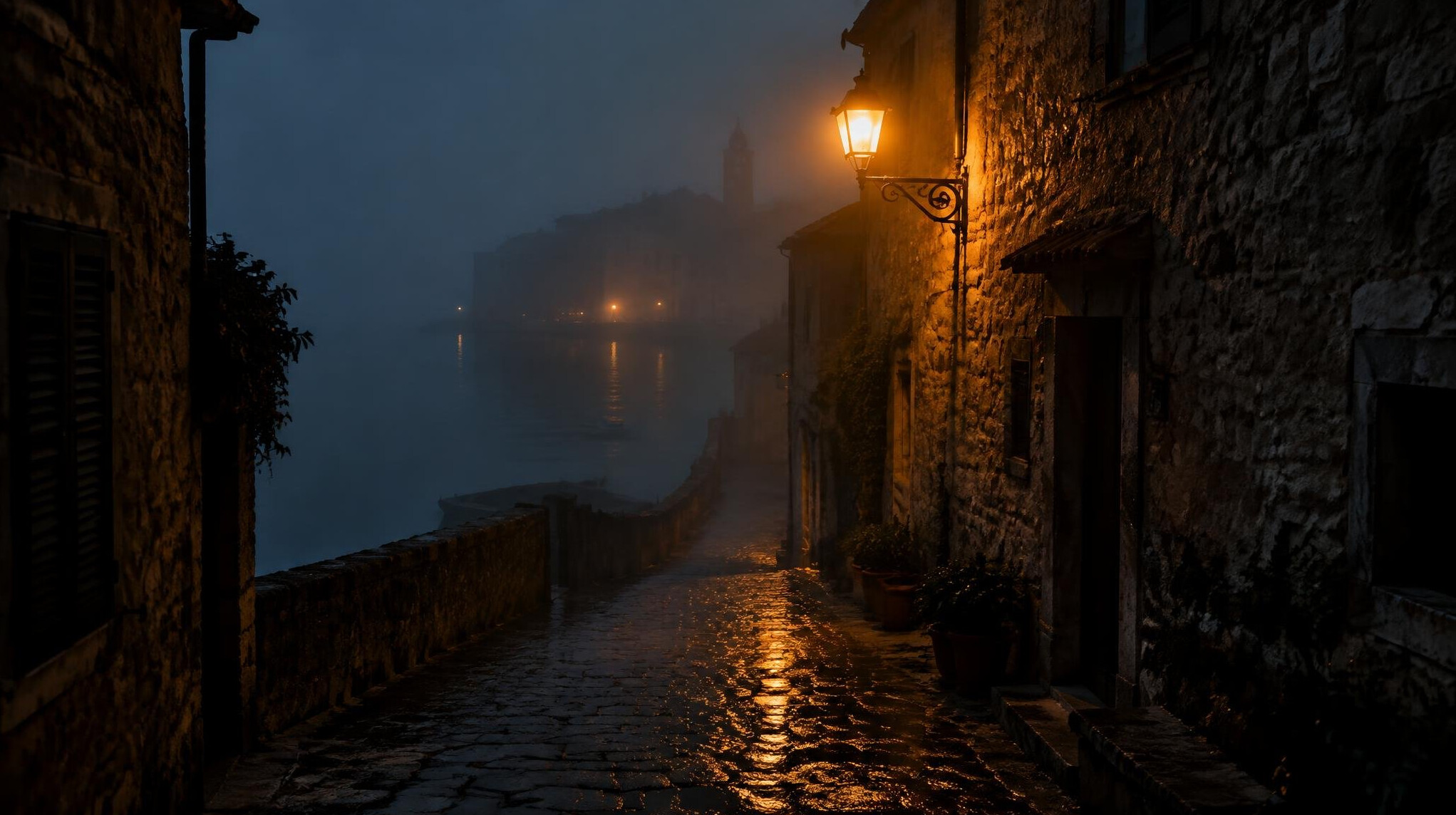 Foggy cobblestone alley in an old European town at night with a single lit lamp