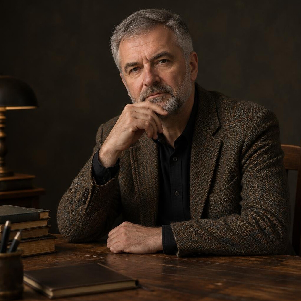 Portrait of a middle-aged Croatian male writer in a tweed jacket sitting at a wooden desk